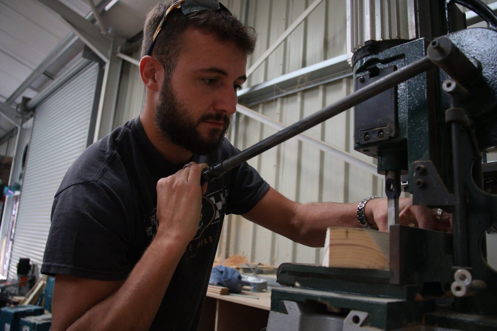 Pillar drill in the joinery workshop